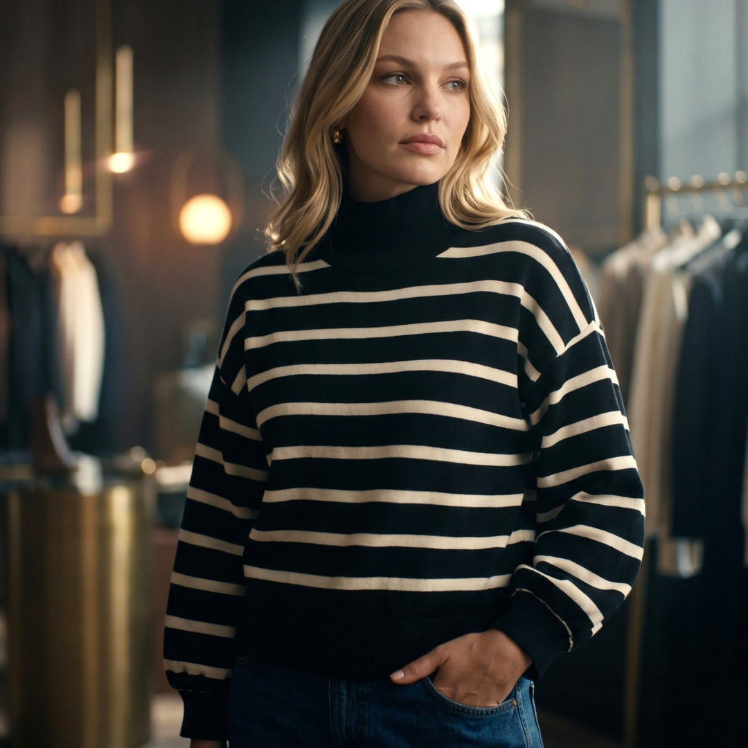 Classic Stripe Balloon Sleeve Mock Neck Top