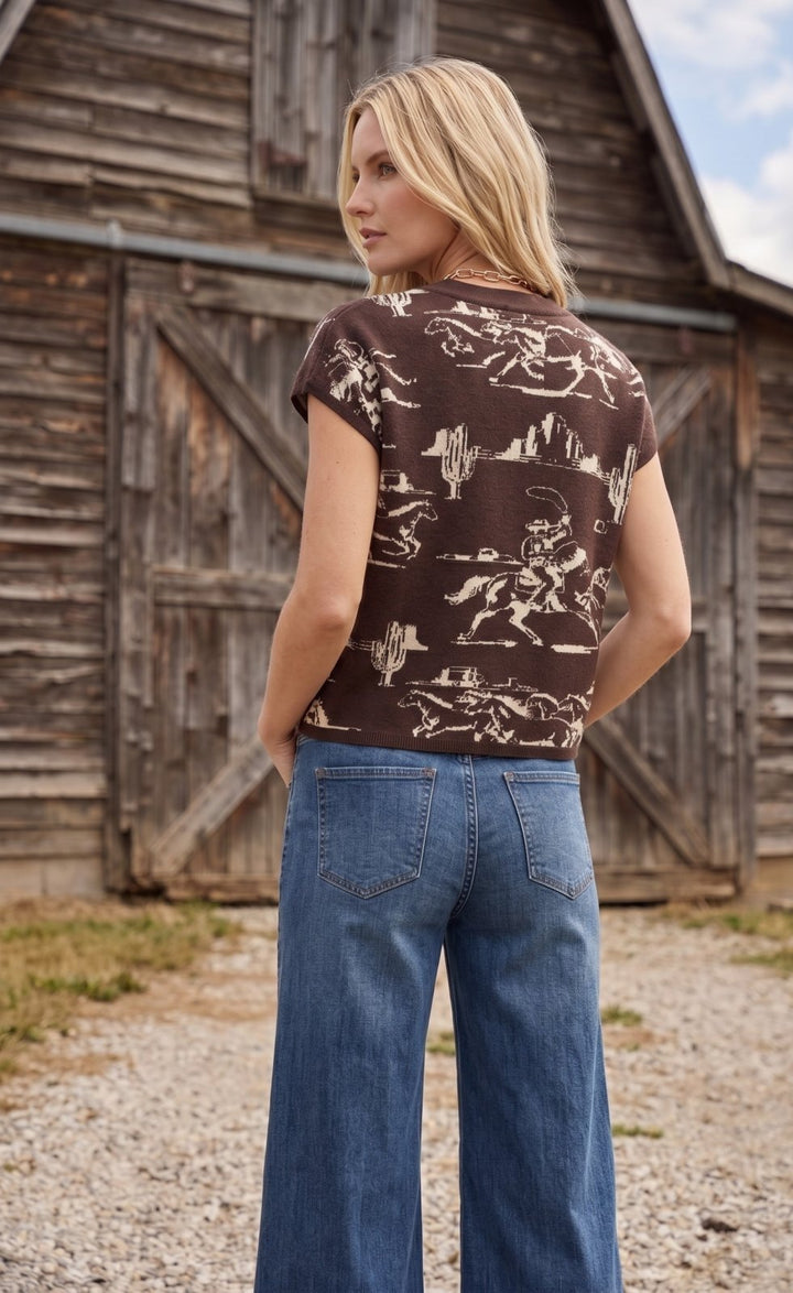 Cowboy Print Lightweight Knit Cap Sleeve Sweater - High Call Outfitters
