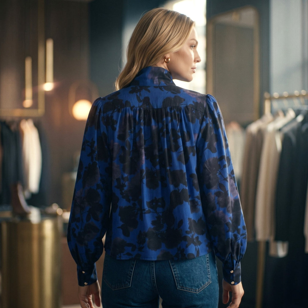 Cobalt Shadow Floral Puff Sleeve Blouse