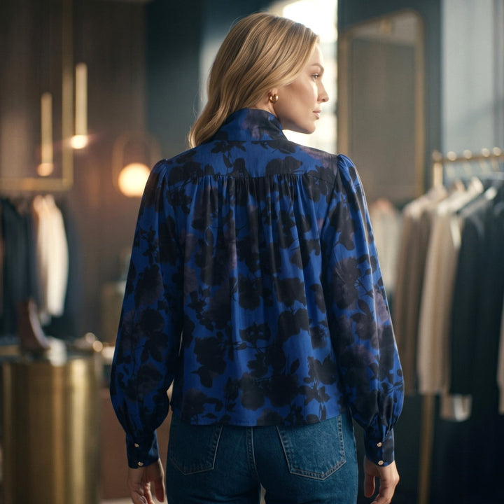 Cobalt Shadow Floral Puff Sleeve Blouse