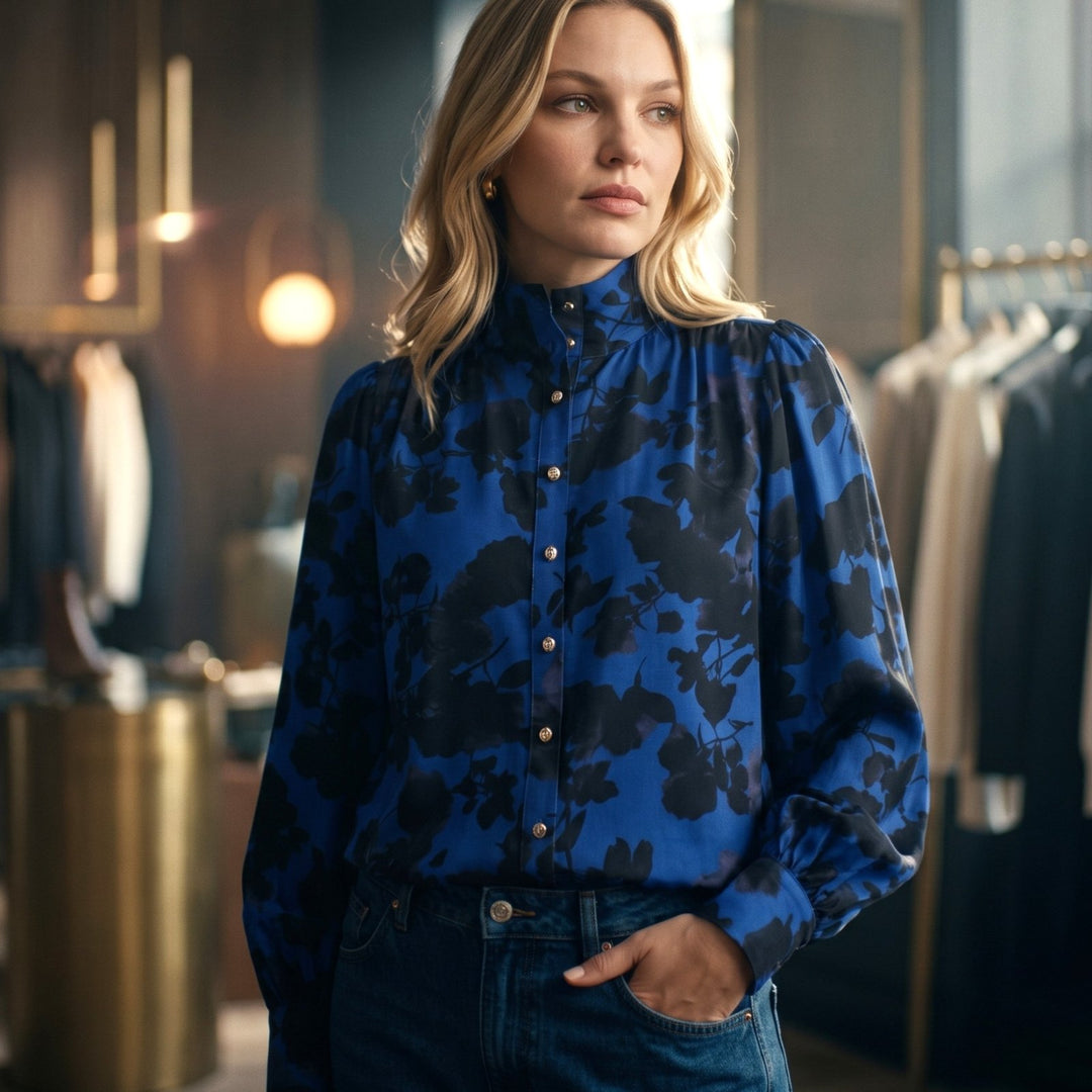 Cobalt Shadow Floral Puff Sleeve Blouse