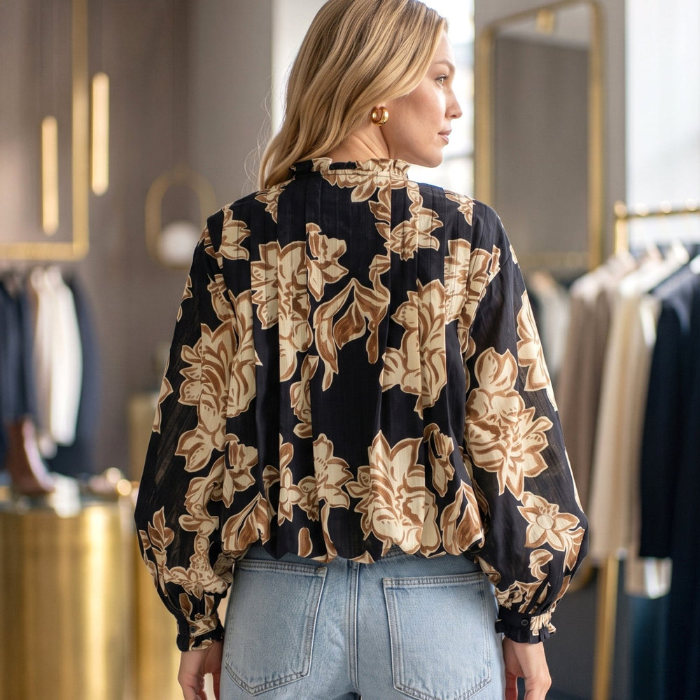 Black and Toffee Floral Ruffle Neck Blouse - High Call Outfitters