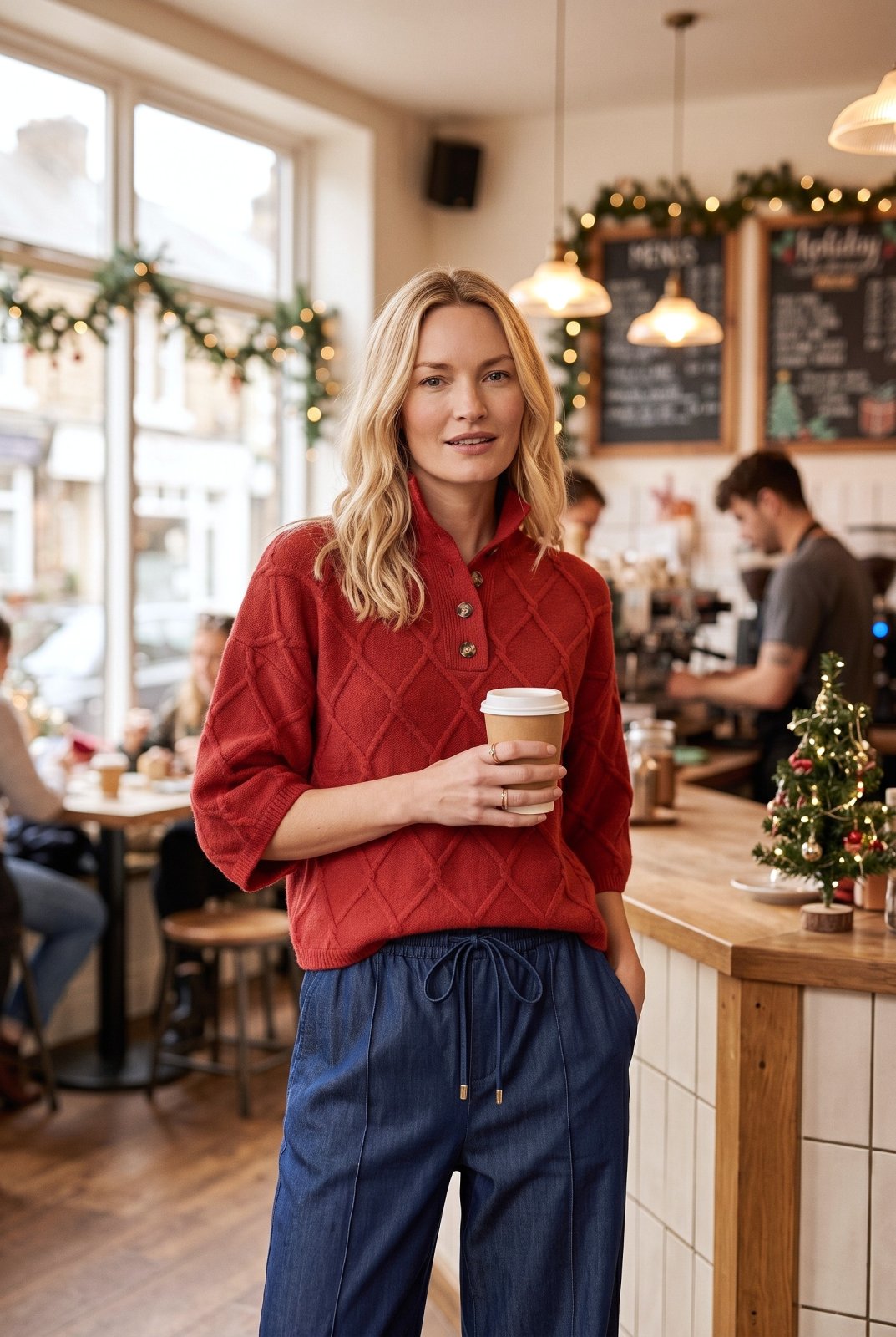 3/4 Sleeve Button Mock Neck Sweater