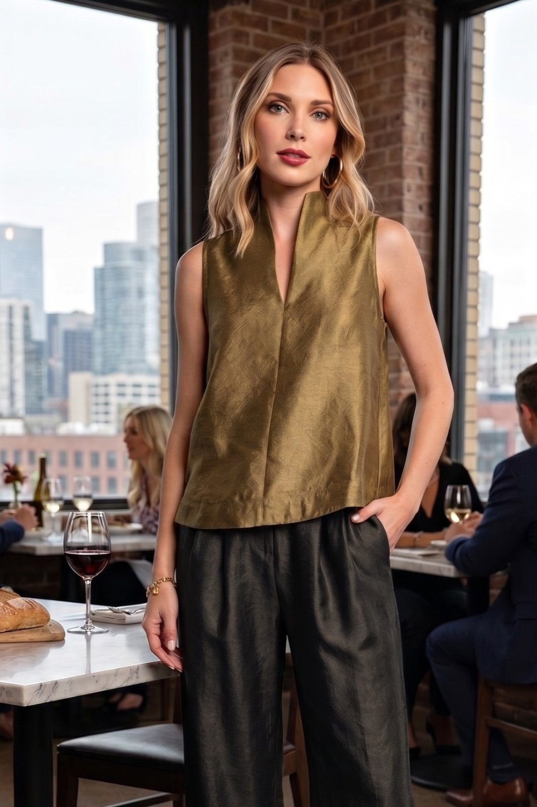 Stand Collar V Neck Satin Sleeveless Top