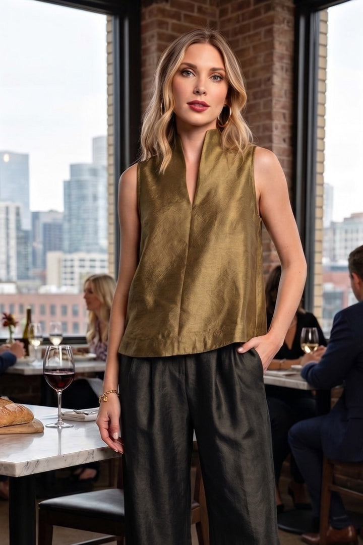 Stand Collar V Neck Satin Sleeveless Top