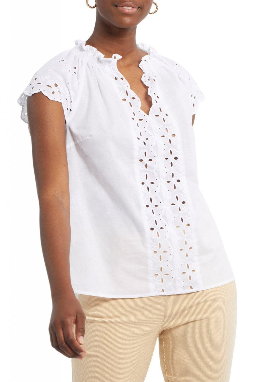 Cap Sleeve Eyelet Blouse with Smocking from Tribal - High Call Outfitters