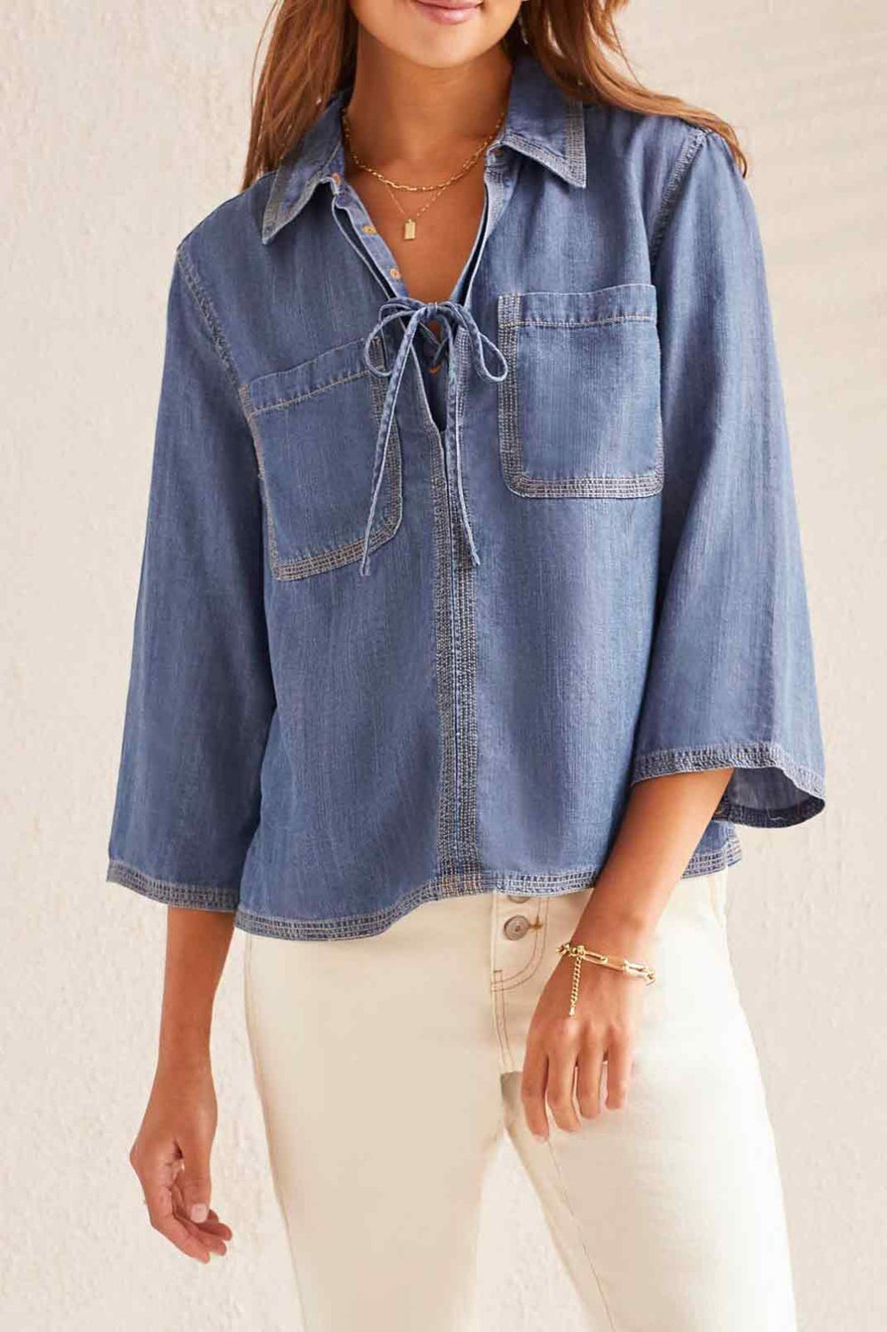 Elbow Sleeve Blouse with Lace up Front from Tribal - High Call Outfitters