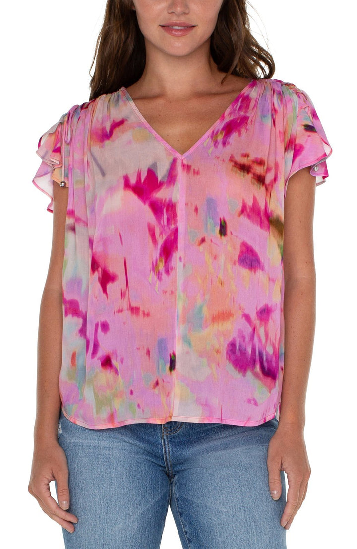 Shirred V Neck Watercolor Top from Liverpool - High Call Outfitters