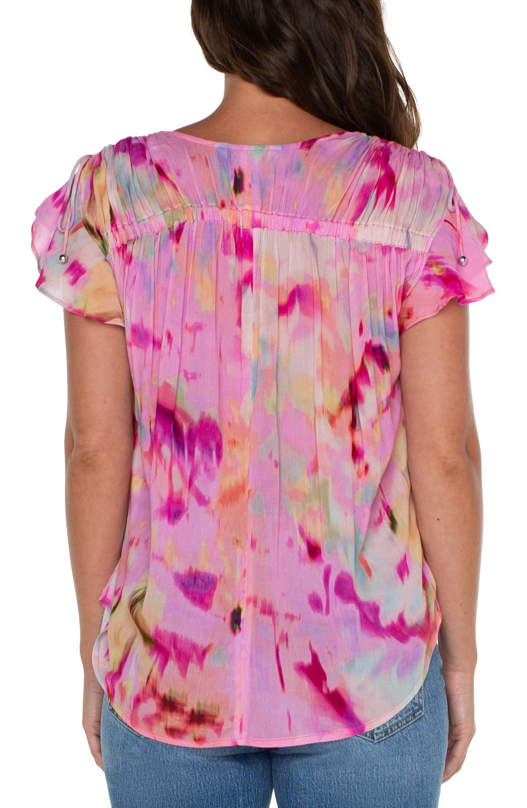 Shirred V Neck Watercolor Top from Liverpool - High Call Outfitters