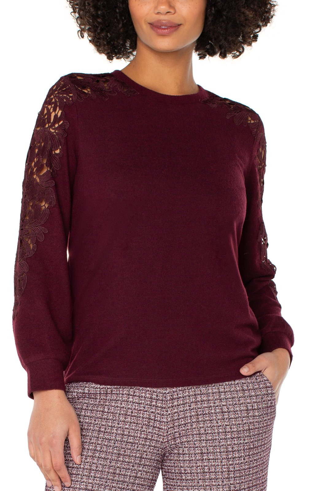 Long Sleeve Crewneck with Lace Inset Top from Liverpool - High Call Outfitters