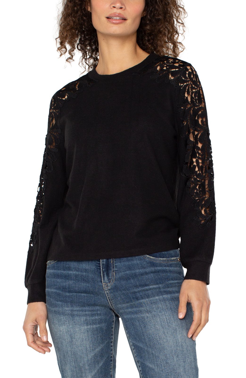 Long Sleeve Crewneck with Lace Inset Top from Liverpool - High Call Outfitters
