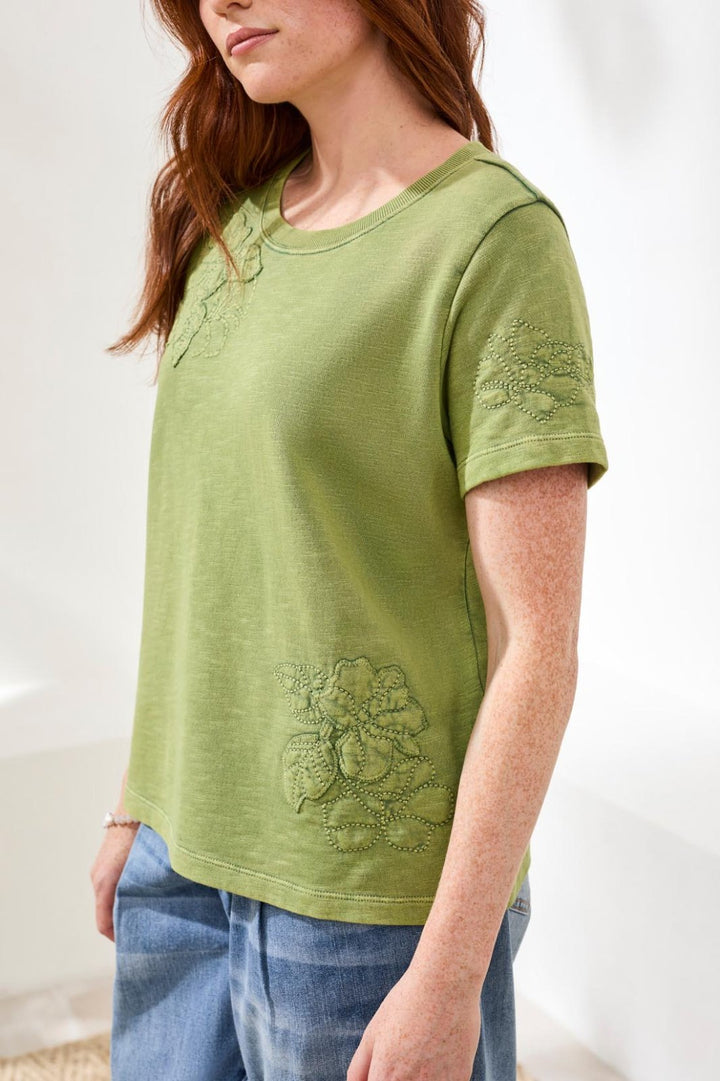 Short Sleeve Crew Neck Embroidered Applique Top from Tribal - High Call Outfitters