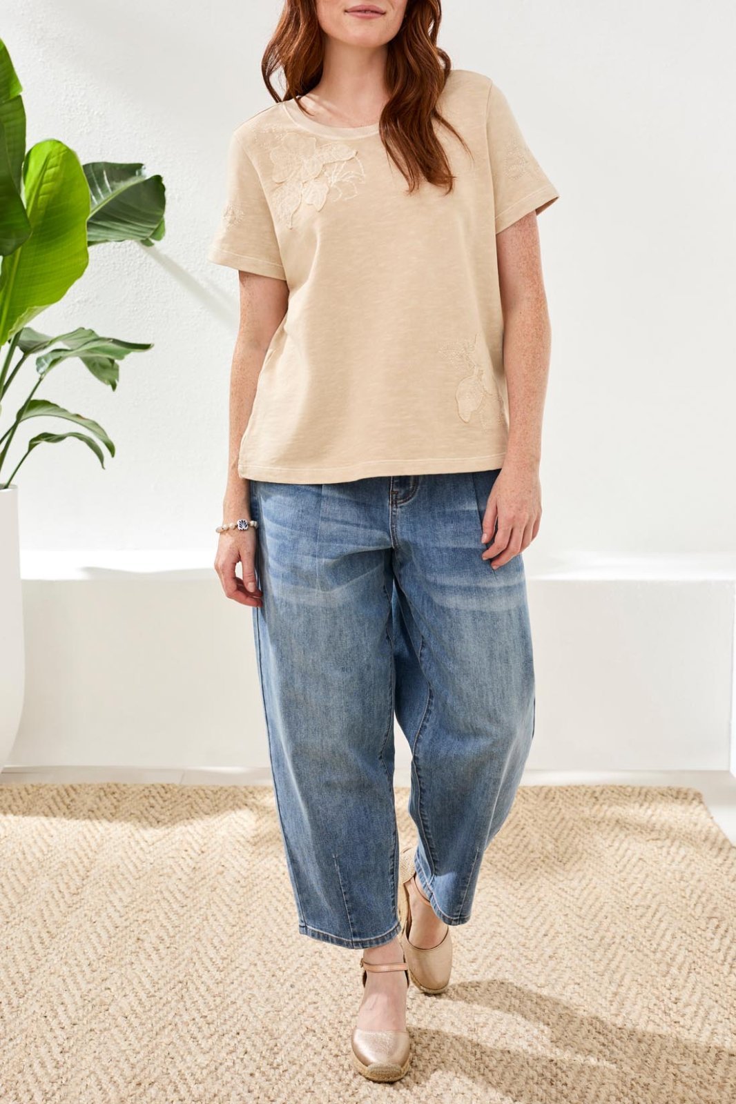Short Sleeve Crew Neck Embroidered Applique Top from Tribal - High Call Outfitters