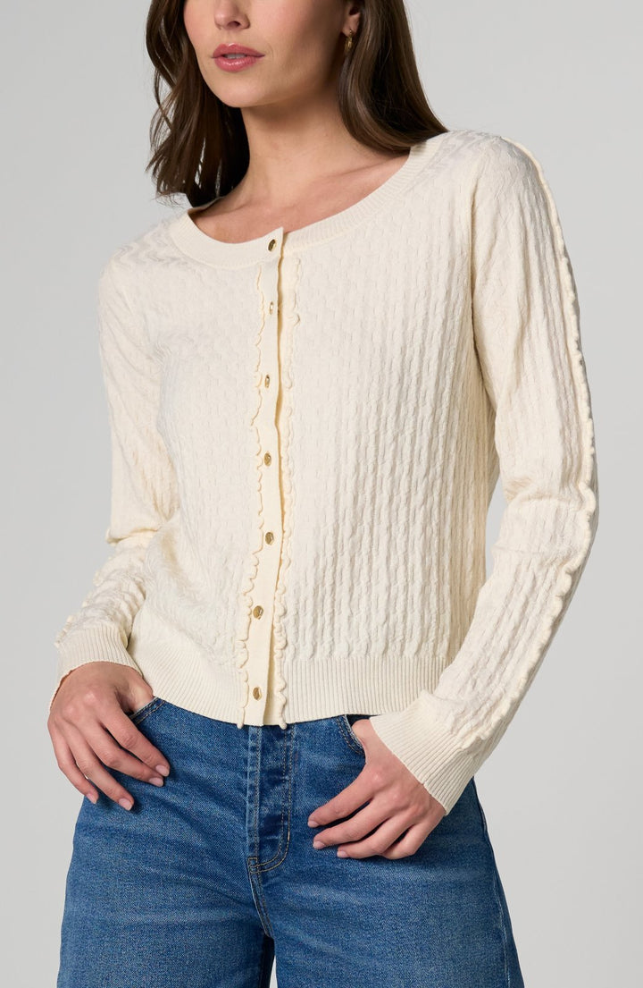 Long Sleeve Button Front Sweater with Ruffles from Liverpool - High Call Outfitters