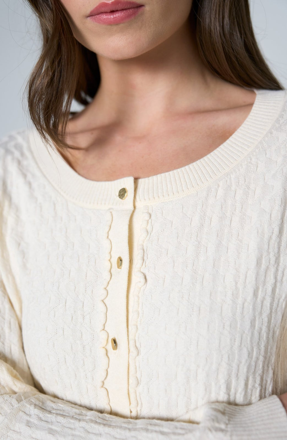 Long Sleeve Button Front Sweater with Ruffles from Liverpool - High Call Outfitters