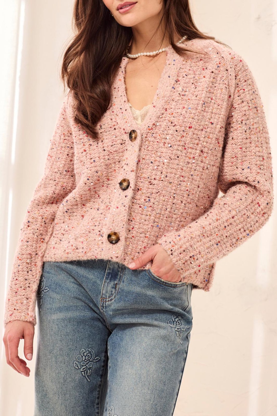 Tweed Like Sequin Sweaterd Cardigan from Tribal