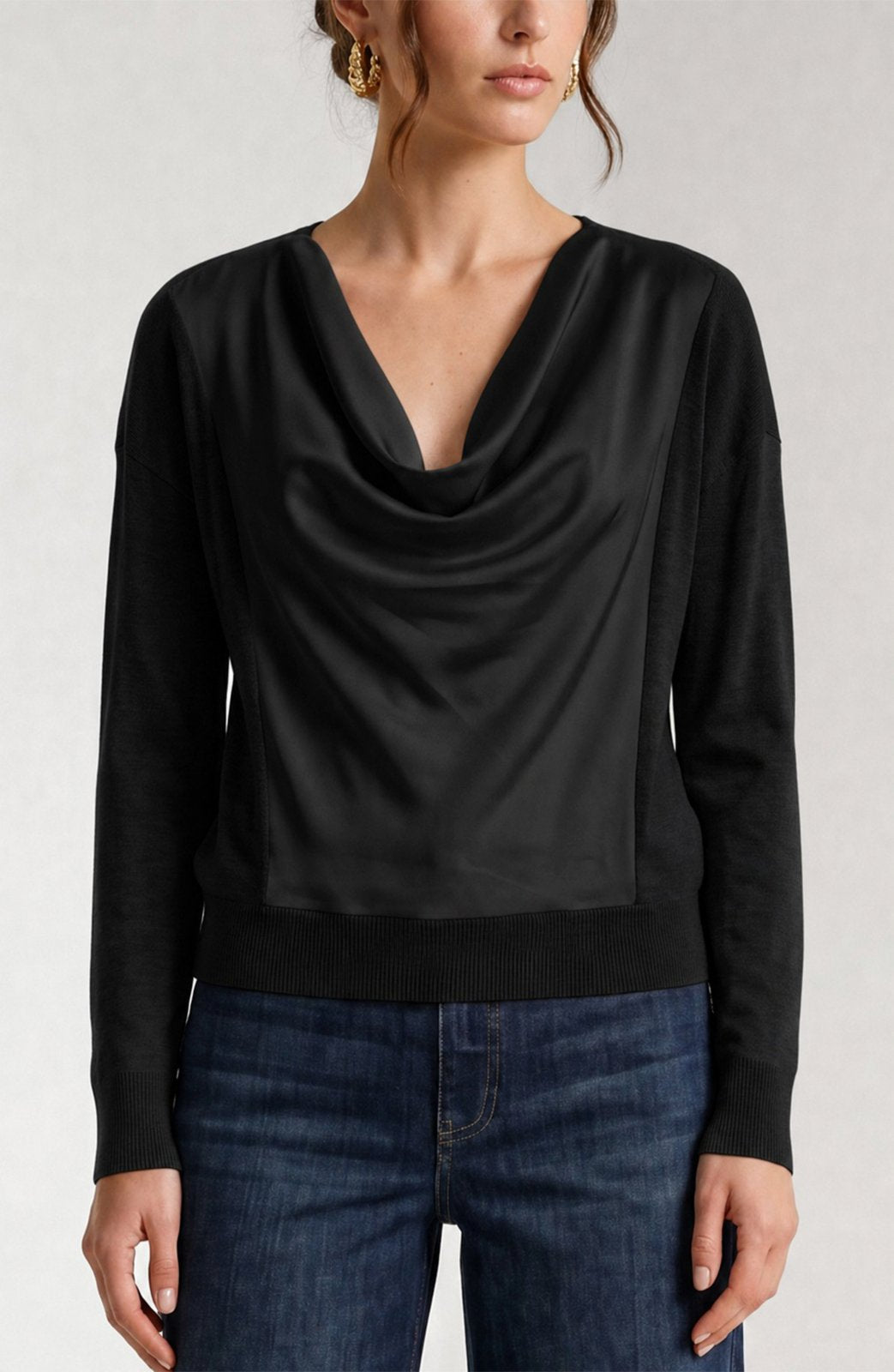 Long Sleeve Drape Neck Woven Sweater Hybrid Top from Liverpool